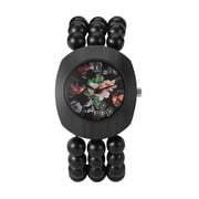 Avaner Womens Analog Quartz Bohemian Tonneau Case Decompression Natural Wood Beaded Stretch Band Watch   Handmade Elastic Buddhist Bead Bracelet with Floral Dial for Women