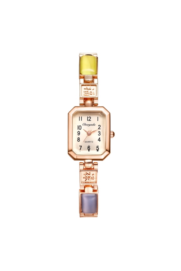 Women's Analog Quartz Rectangular Leopard Bracelet Watch: Spliced ​​plastic leopard-print imitation gemstone strap and clear and easy-to-read Arabic numerals