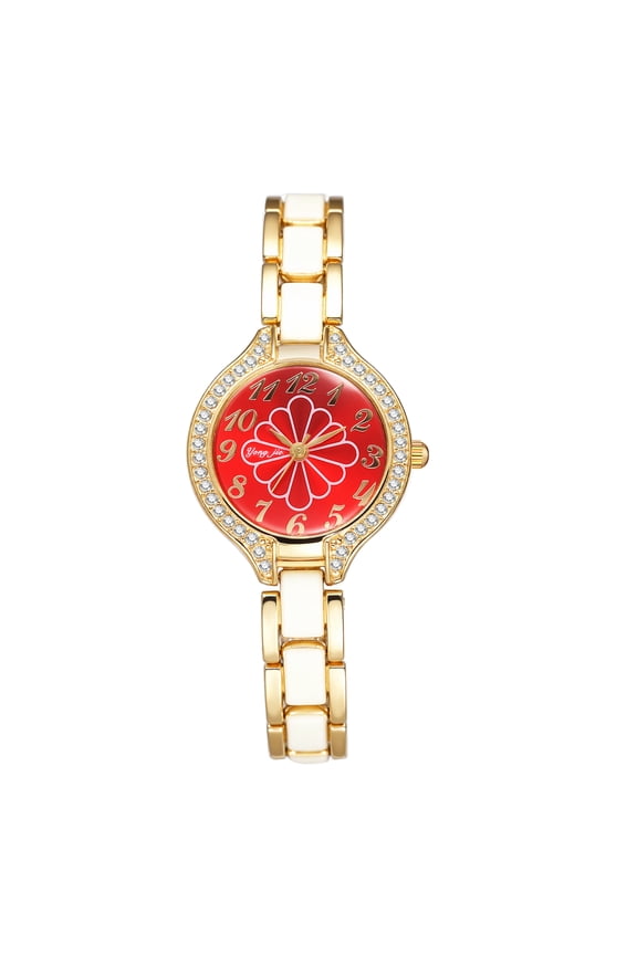 Women's Analog Quartz Round Watch: Full Imitation Diamond Case Faux Ceramic Detachable Strap Arabic Numeral Dial with Floral Decoration - Casual Wristwatch