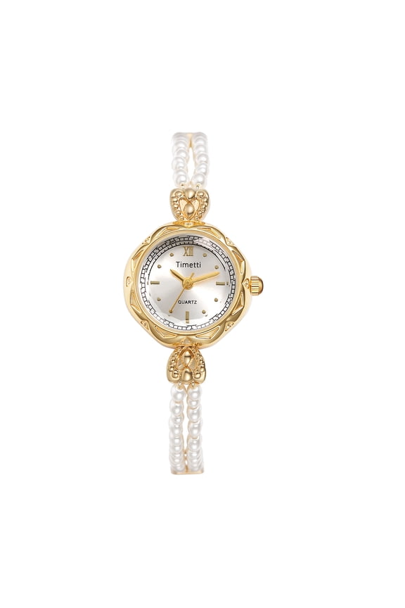 Women's Analog Quartz Round Watch: Pearl Strap with Dot Markers Vintage Style Bracelet Wristwatch
