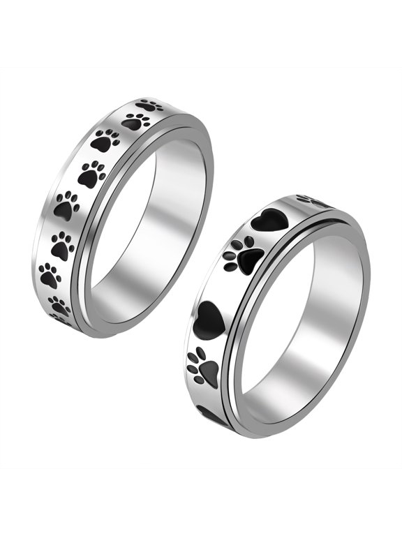 Women's Anxiety Spinner Ring:Rotating Pet Paw Print Band for Stress Relief, Dog Lover Gift, 2PCS