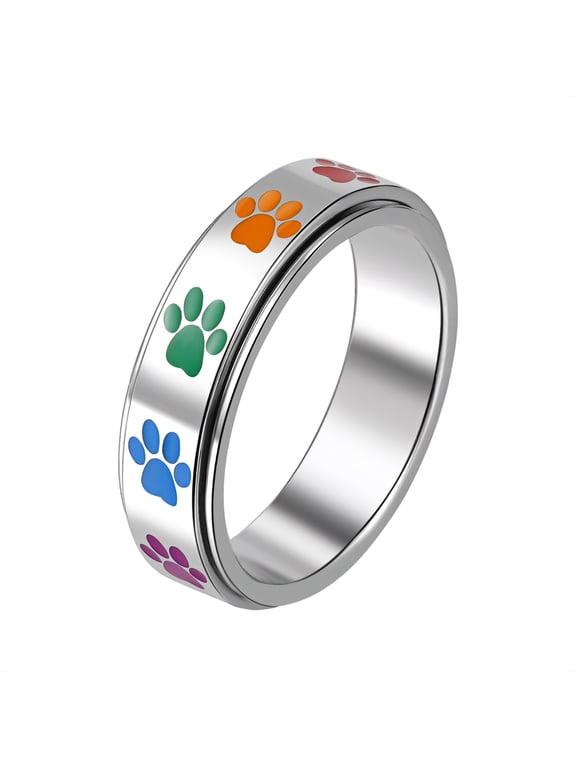 Women's Anxiety Spinner Ring: Rotating Pet Paw Print Band for Stress Relief, Dog Lover Gift