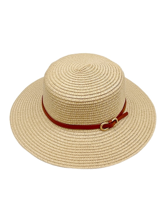Women's Classic Flat Top Straw Sun Hat: Wide Brim Beach Vacation Hat with Brown Leather Buckle