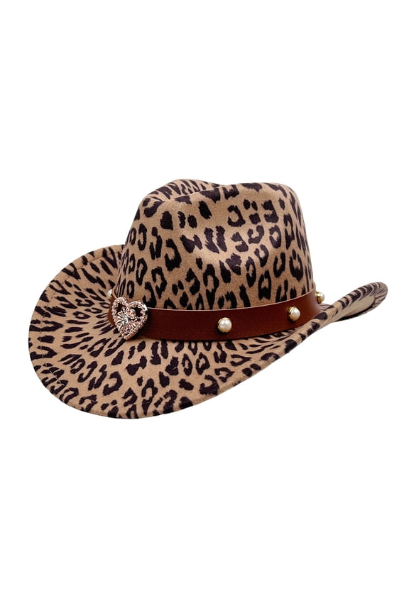 Women's Classic Leopard Print Western Cowboy Hat: Vintage Felt Wide Brim with Heart Pearl Decor for Party, Stage, Leopard