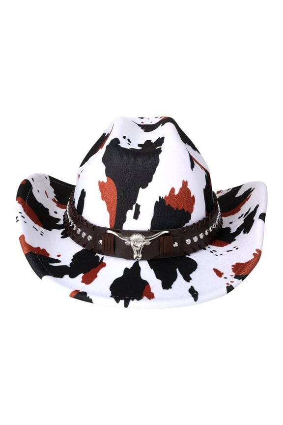 Women's Cow Print Curved Brim Wide Brim Cowboy Hat with Bull Head Decor & Rivet Belt Western Style for Festivals & Daily Wear