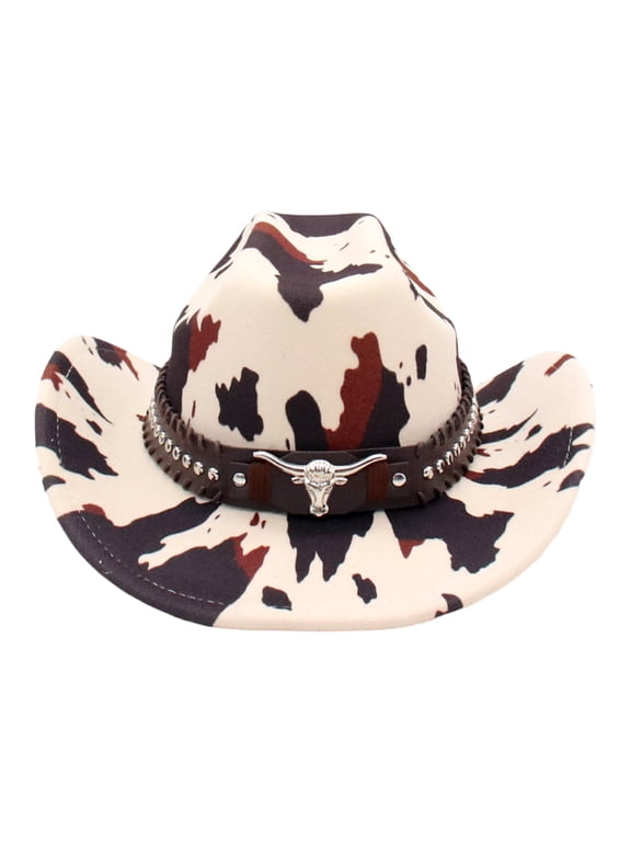 Women's Cow Print Curved Brim Wide Brim Cowboy Hat with Bull Head Decor & Rivet Belt Western Style for Festivals & Daily Wear
