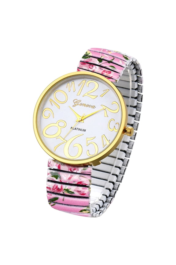 Women's Easy Reader Watch: Bohemian Printed Super Large Clear Number Stretch Wrist Watch Elastic Strap Watches for Women Ladies Wristwatch
