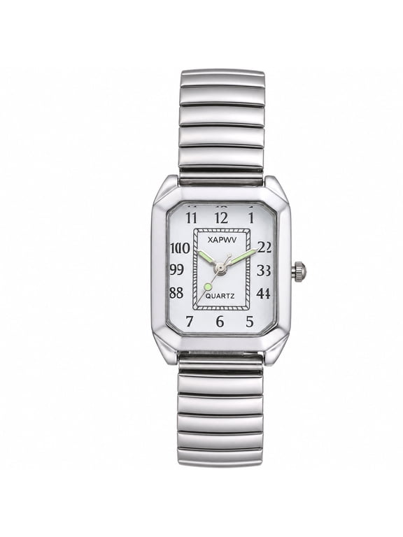 Women's Elastic Strap Watch: Stainless Steel Stretch Band Arabic Numerals Luminous Hands Buckle-Free Rectangular Octagonal Dial Analog Quartz Wristwatch