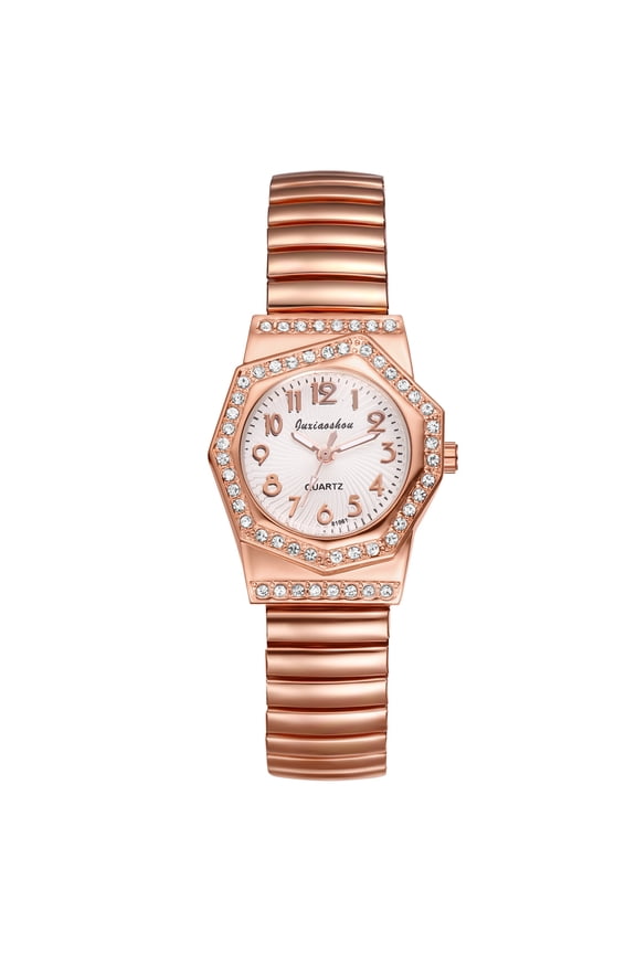Women's Elastic Wrist Watches: Rhinestones Stretch Band Rosegold Octagonal Analog Quartz Bling Watch