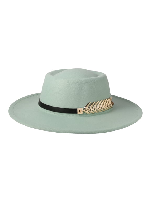 Women's Elegant Felt Round Crown Flat Brim Hat with Metal Fishbone Hat Band – Formal & Casual Styling