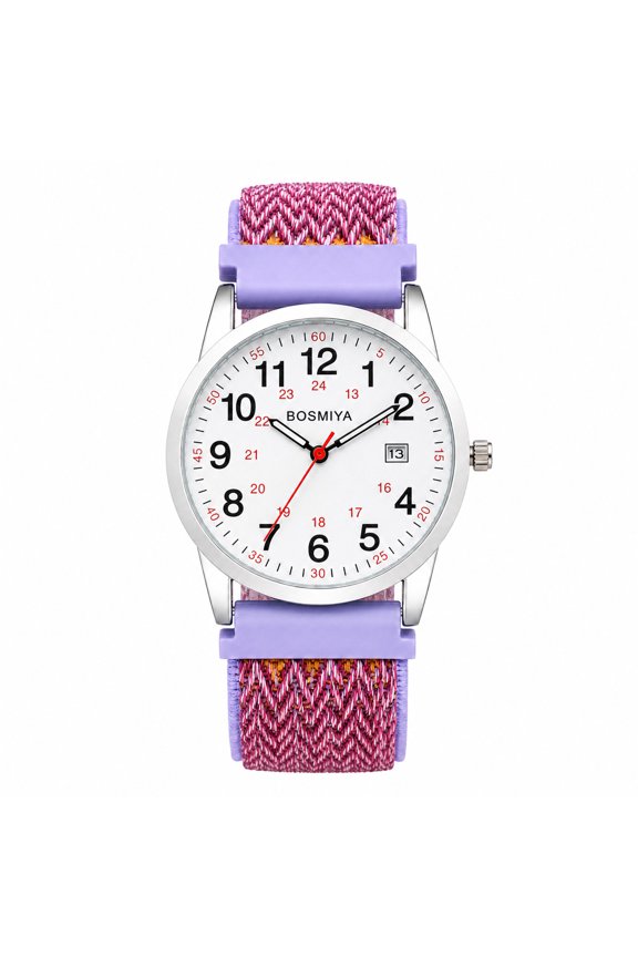 Unisex Elastic Woven Nylon Strap Watch: Large Number Calendar Dial 24-Hour Scale Analog Quartz Wristwatch