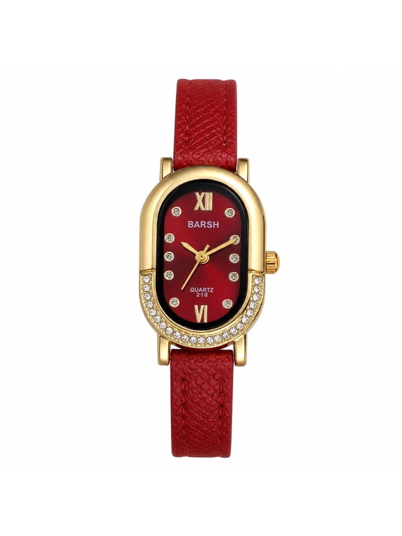 Women's Oval Watch: Rhinestone Accented Bezel Genuine Leather Strap Analog Quartz Dress Wristwatch for Women