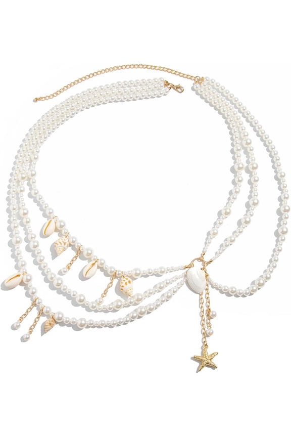 Women's Pearl Beach Chain: Multi-layered Interlocking Starfish Seashell Conch Waist Body Chain Jewelry for Summer Beach Bikini Parties