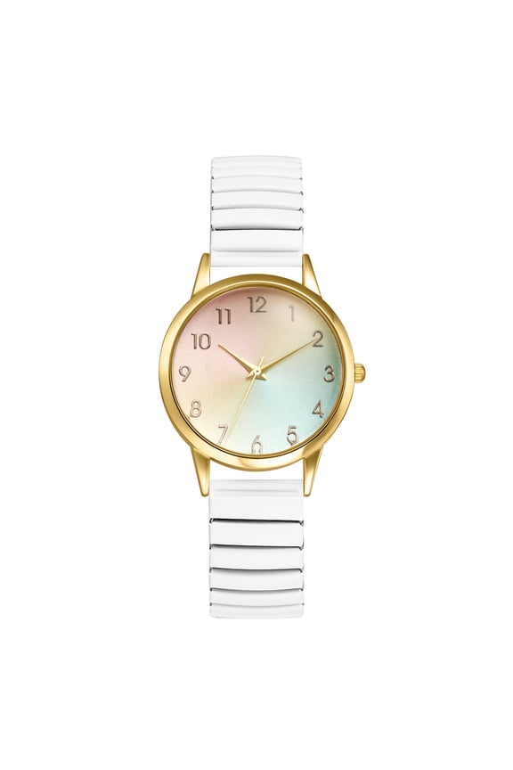 Women's Rainbow Elastic Strap Watch: Clear and Easy-to-read Large Numerals Stainless Steel Strap Sunburst Dial Analog Quartz Watch