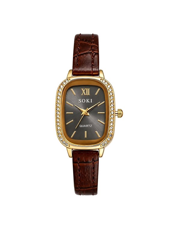Women's Rectangle Watch, Analog Quartz, Rhinestone Bezel, Roman Numerals Sunray Dial, Croc Pattern PU Leather