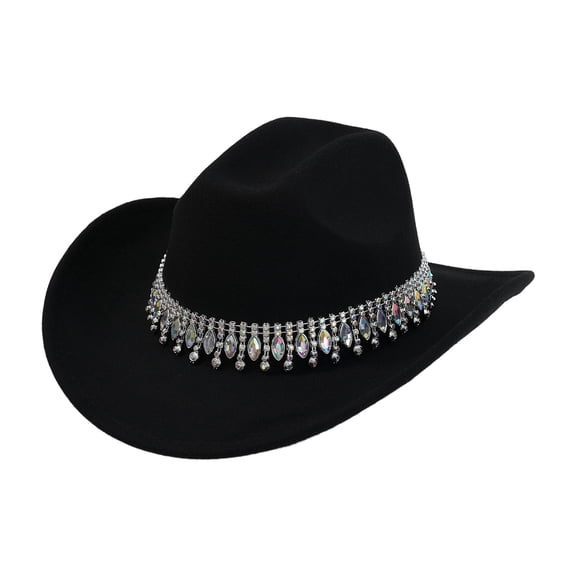 Avaner Women's Retro Wide-Brimmed Cowboy Hat with Rhinestone Chain Accessories: Sparkling Rhinestone Western-Style Jazz Cap Wedding Hat - Suitable for Disco Music Party