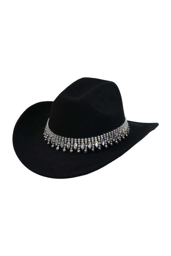 Women's Retro Wide-Brimmed Cowboy Hat with Rhinestone Chain Accessories: Sparkling Rhinestone Western-Style Jazz Cap Wedding Hat - Suitable for Disco Music Party