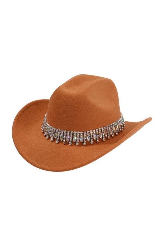 Women's Retro Wide-Brimmed Cowboy Hat with Rhinestone Chain Accessories: Sparkling Rhinestone Western-Style Jazz Cap Wedding Hat - Suitable for Disco Music Party