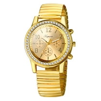 Avaner Women’s Rhinestone Elastic Watch: Easy Reader Analog Quartz Dress Watch Gold Plated Stretch Band Wristwatch