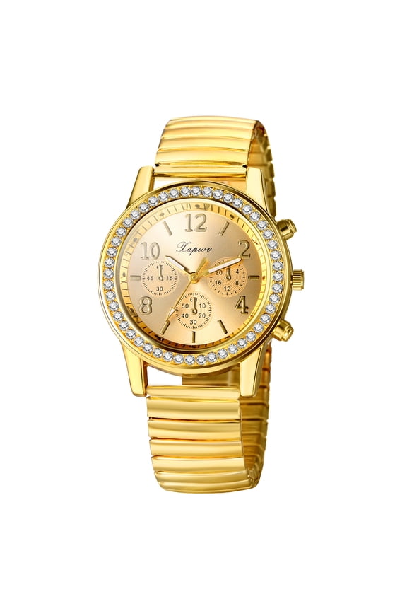 Women’s Rhinestone Elastic Watch: Easy Reader Analog Quartz Dress Watch Gold Plated Stretch Band Wristwatch
