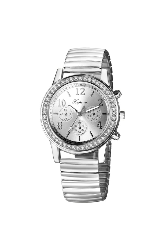 Women’s Rhinestone Elastic Watch: Easy Reader Analog Quartz Dress Watch Gold Plated Stretch Band Wristwatch