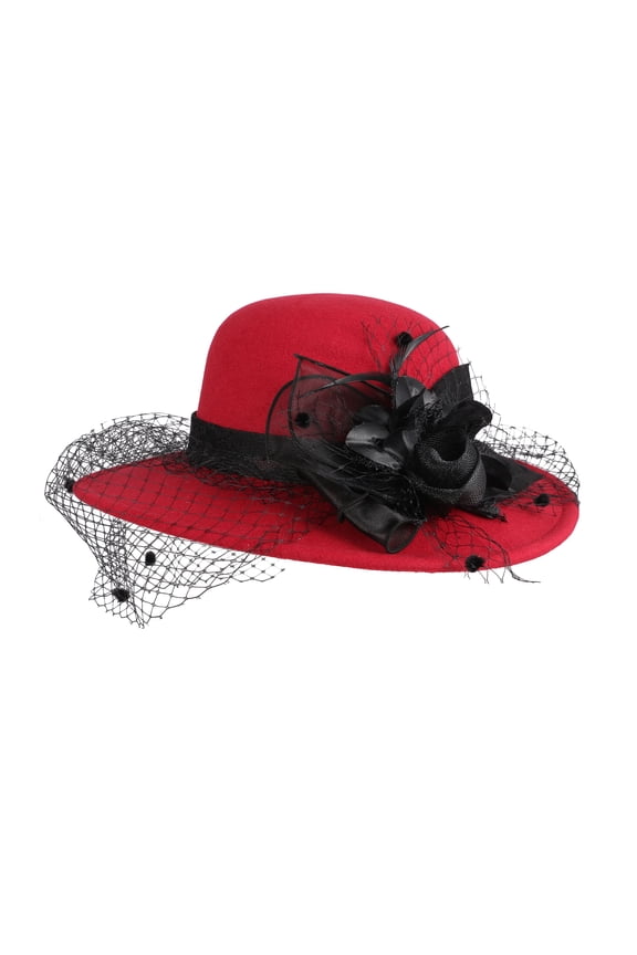 Women's Round Top Flower Decor Felt Fedora Hat with Veil: Vintage Church Party Hat, 1920s Elegant for Weddings and Parties