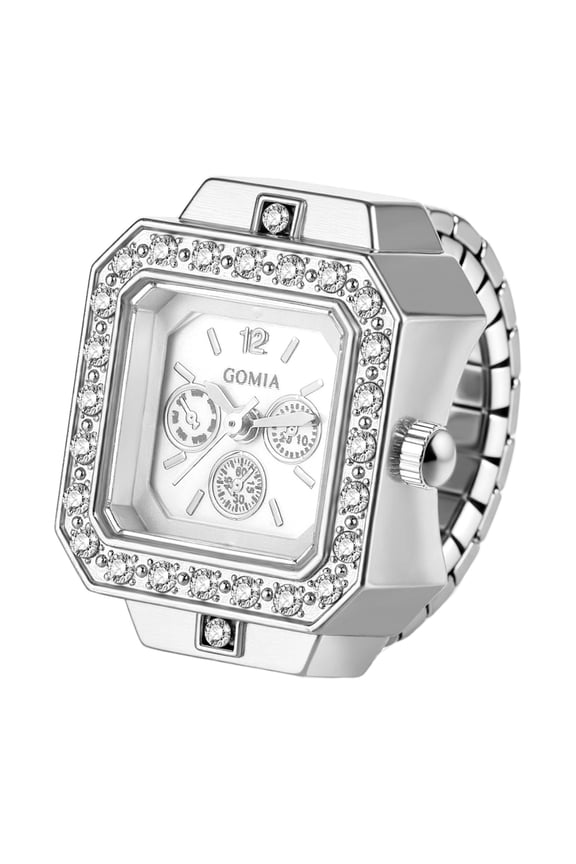 Women's Stretch Ring Watch: Analog Quartz Square Full Imitation Diamond Case Three-Eye Decorative Dial Ring Watch - Casual Business