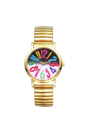 Women's Ultra Thin Easy Reader Watch with Elastic Strap Golden/Silver Tone Stretch Band Watches
