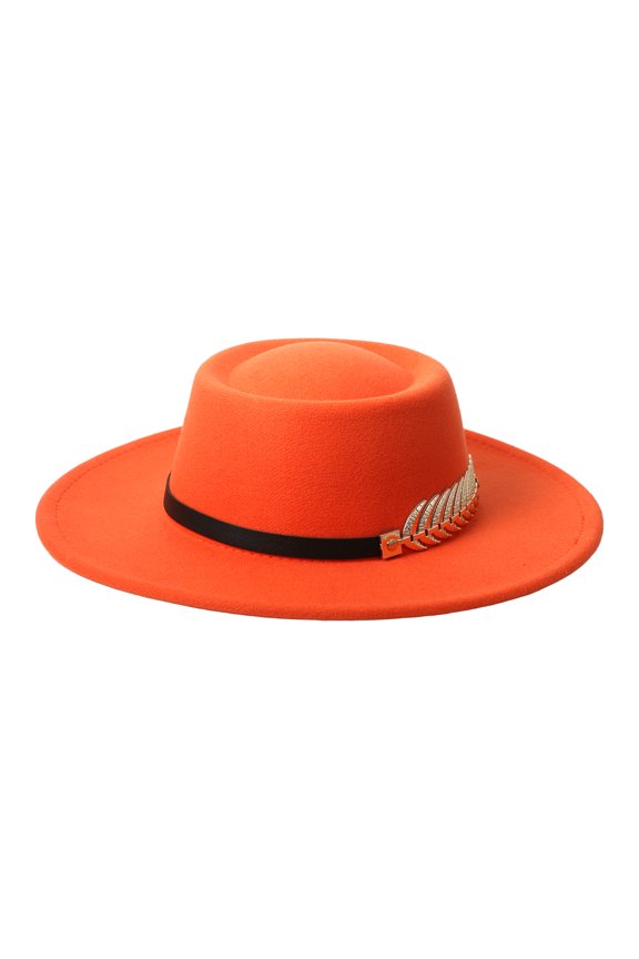 Women's Wide Brim Fedora Hat with Metal Fishbone Decoration