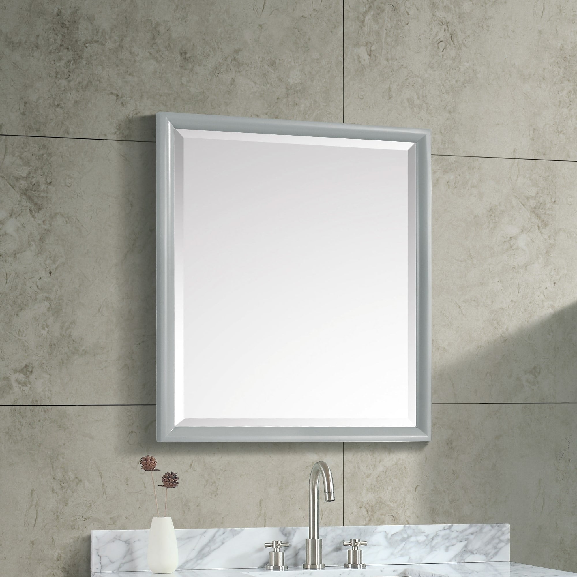 Modern Rectangular Wood Vanity Mirror in Dove Gray, 28" x 32"