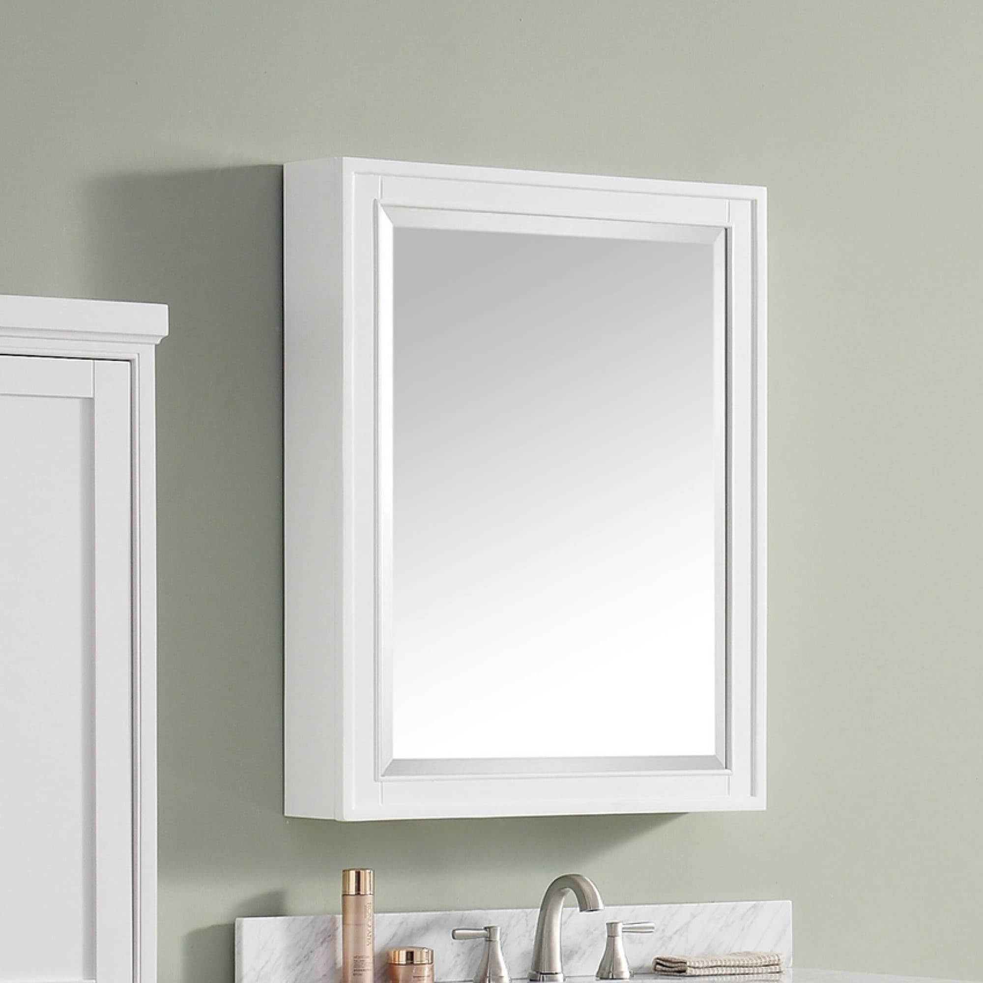 Elegant Transitional 36"x28" White Framed Mirror Cabinet