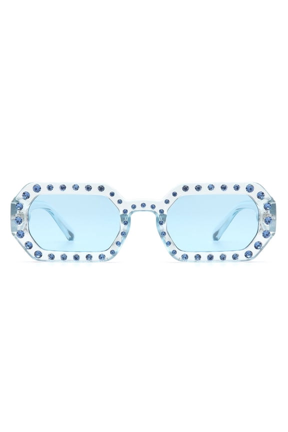 Avant-Garde Unique Sunglasses, Transparent Blue Frame with Blue Rhinestones & Light Blue Lenses
