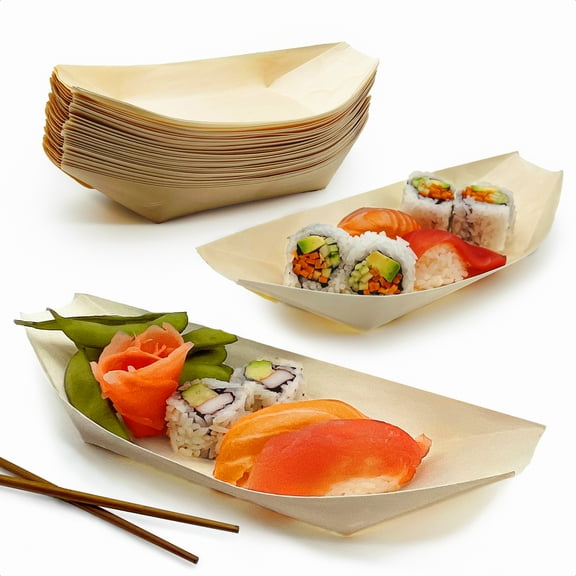 Avant Grub 10" Disposable Serving Tray Wooden Sushi Boat Set - 25 Pk