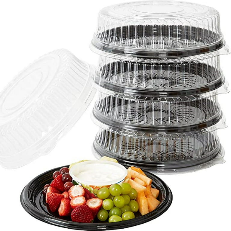 Avant Grub 12 inch Round Black Plastic Catering Trays with Lids, 5 Pack