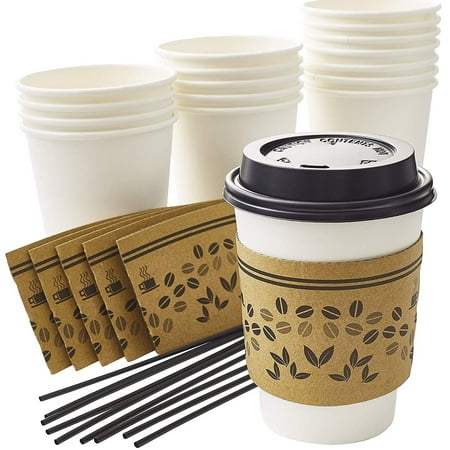 Avant Grub 12 oz. White Disposable Coffee Cup Set with Sleeves, Stirrer, Lids 50Pk.