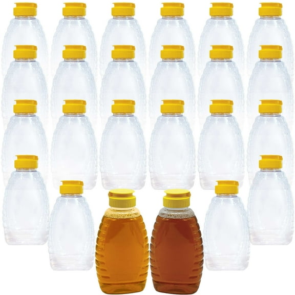 Avant Grub Easy-Squeeze, Flip Top 12 oz Empty Plastic Honey Bottles and Lids, 24 Pack