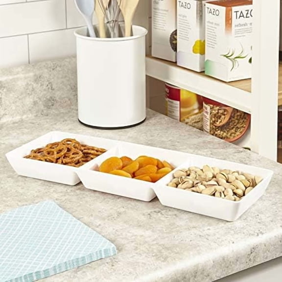 Avant White Plastic Divided Serving Trays (Set of 4) 15” x 5” | Narrow Reusable 3-Section Party Platters | Serve Appetizers, Fruit, Veggies, & Desserts | BPA-Free & Made in USA