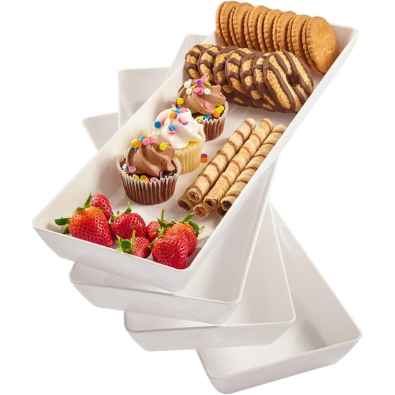 Avant White Plastic Serving Trays (Set of 4) 15 x 5 | Narrow Reusable Rectangular Party Platters | Serve Appetizers, Fruit, Veggies, & Desserts | BPA-Free & Made in USA