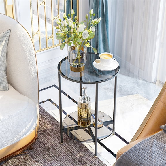 2 Tier Grey Tempered-Glass Side End Table Coffee Table Nightstand for Living Room Bedroom,15.7x22.6 inch