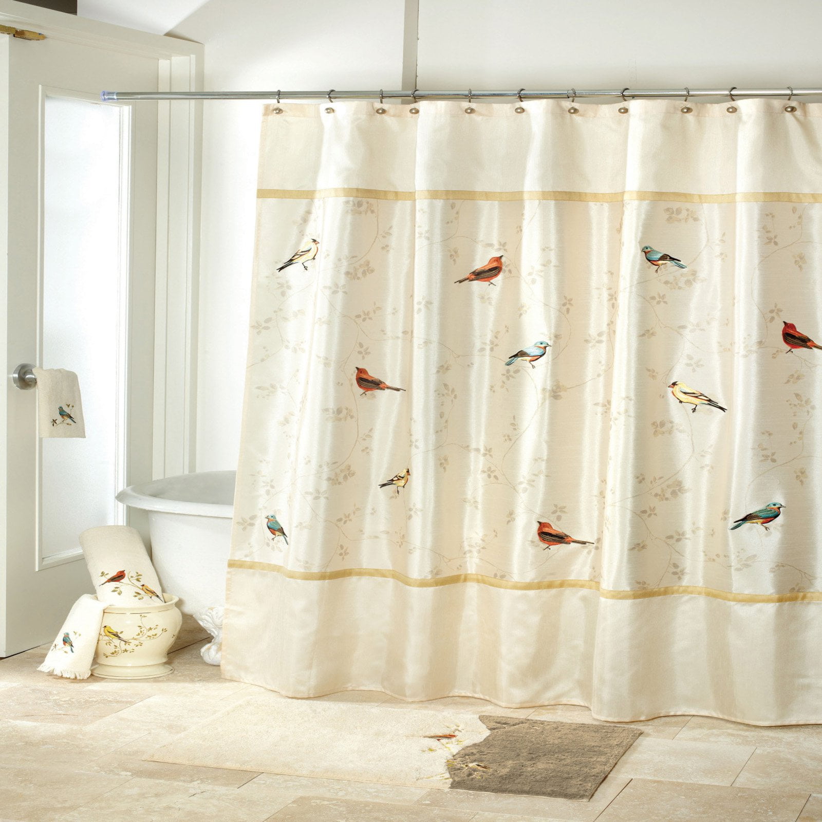 Ivory and Gold Bird Motif Fabric Shower Curtain
