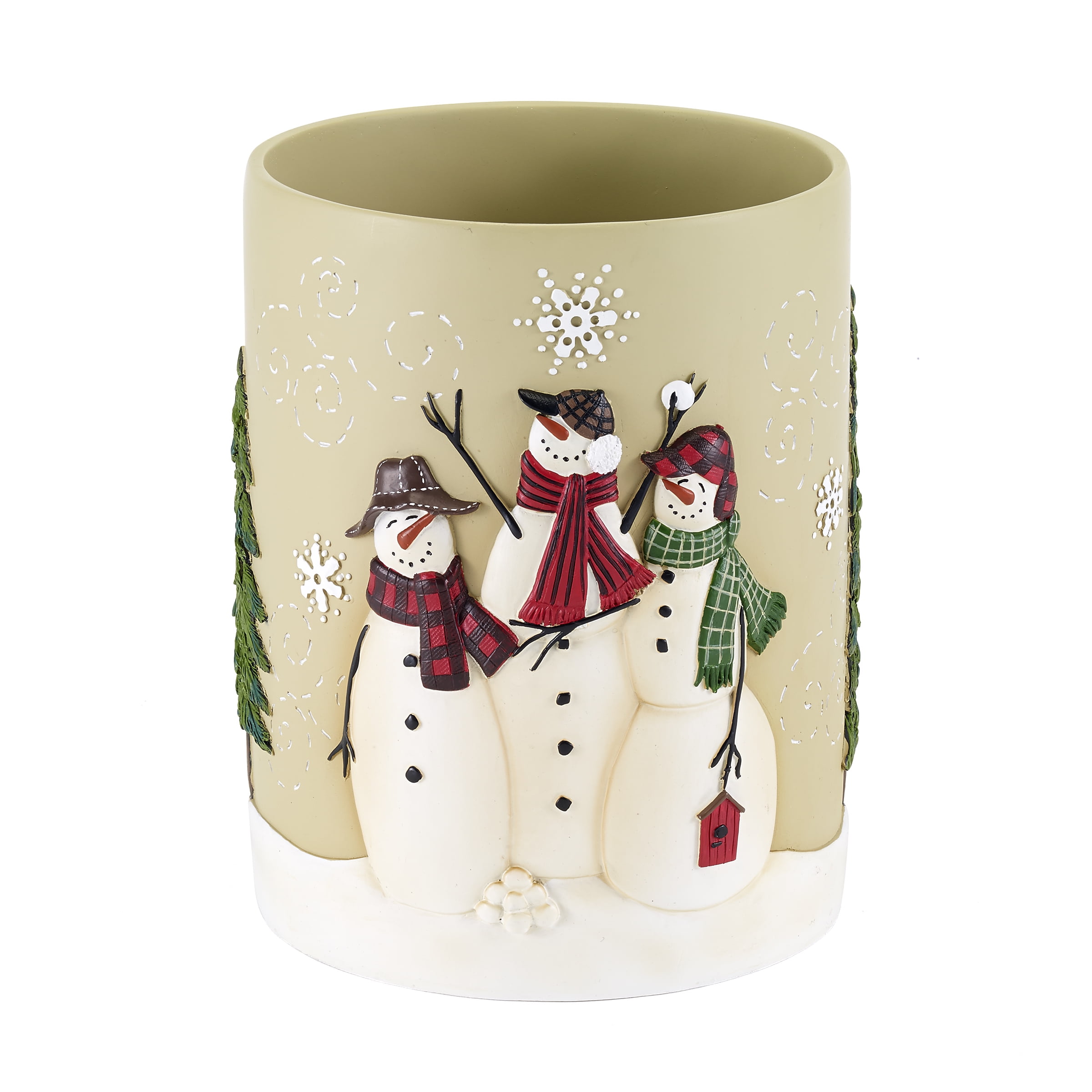Beige Resin Snowmen Gathering Wastebasket