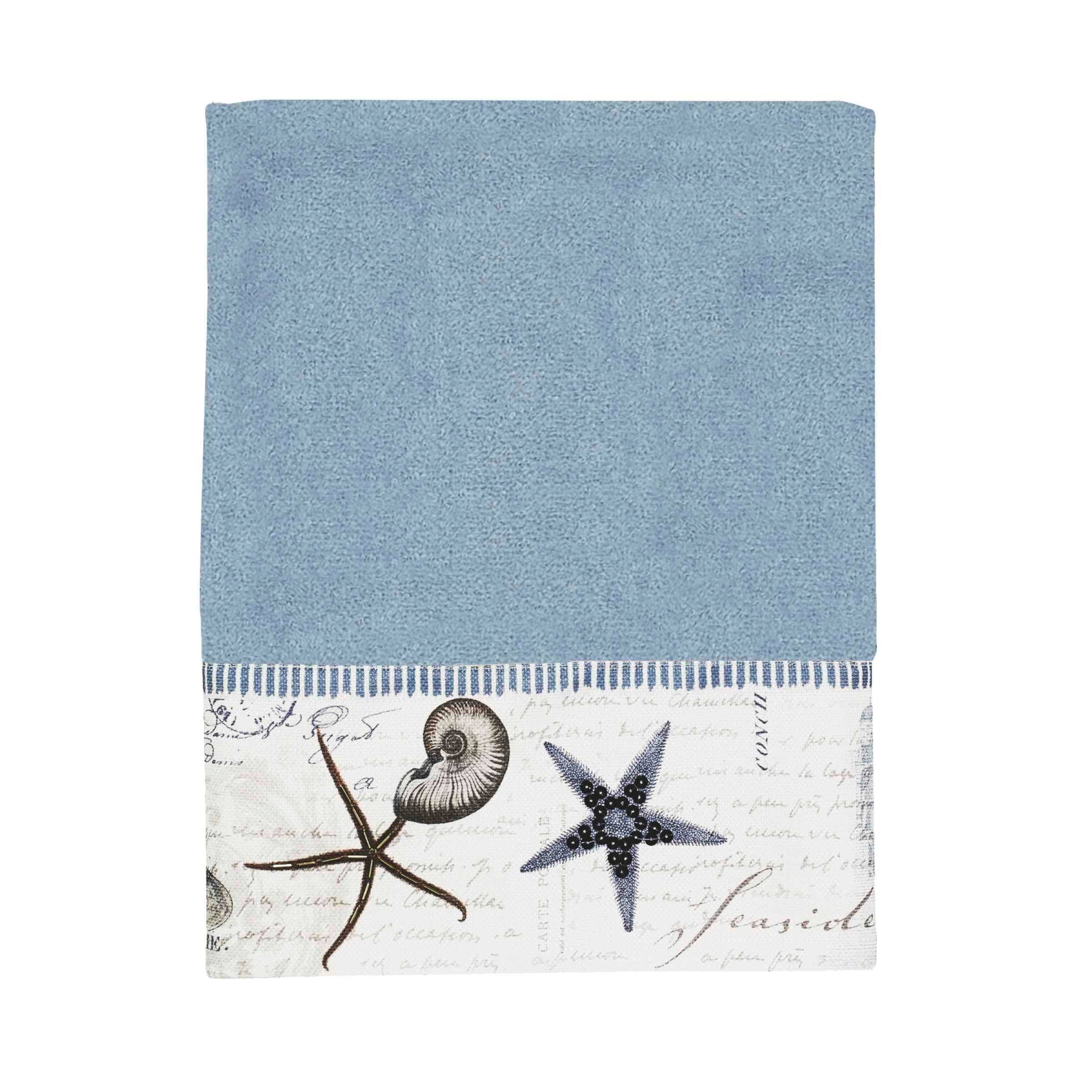 Antigua Blue Cotton Bath Towel with Seaside Embroidery