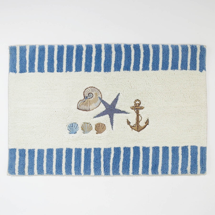 Ivory and Blue Cotton Coastal Bath Rug with Embroidered Seashells