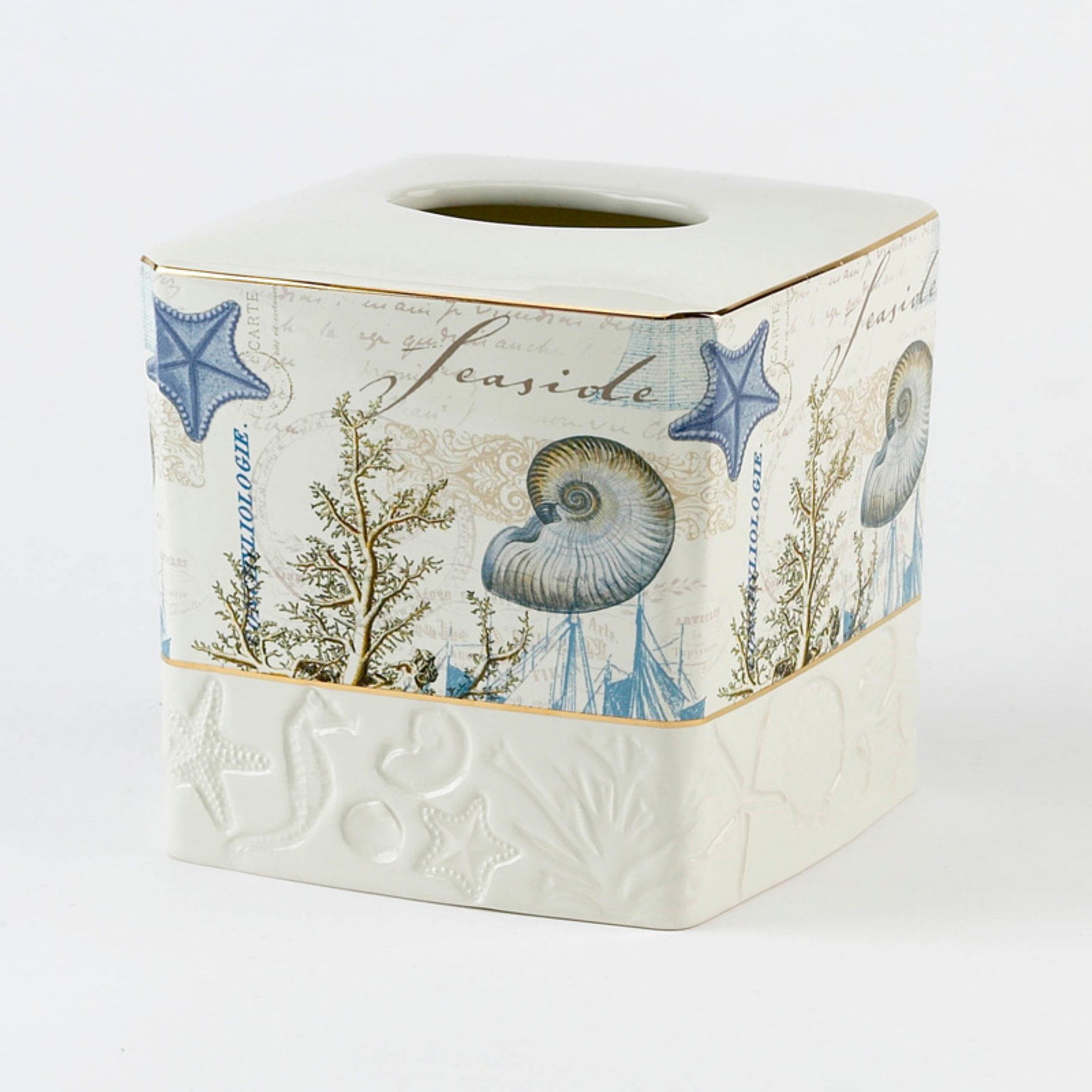 Antigua Coastal Ceramic Tissue Box Cover with Gold Trim