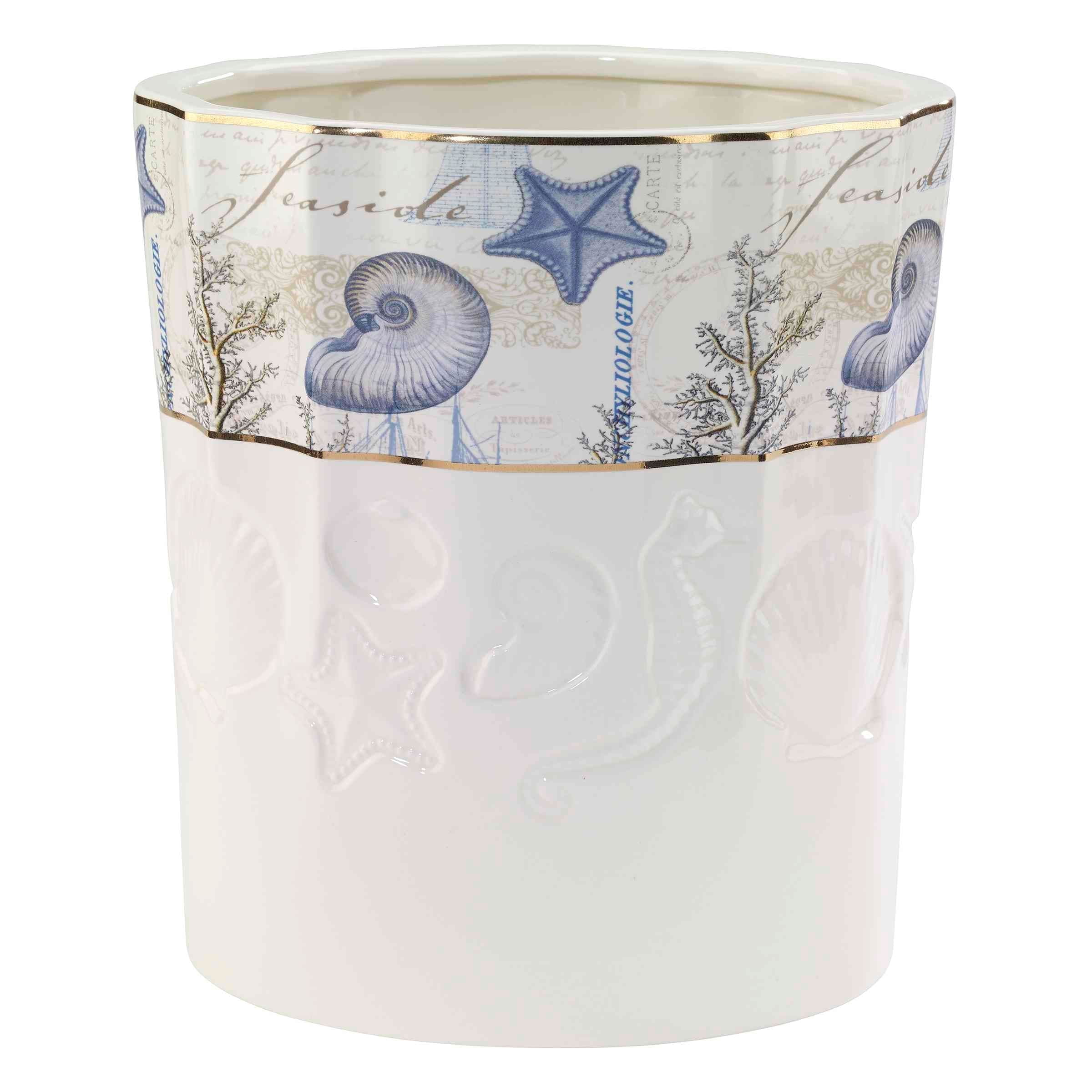 White Ceramic Coastal Nautical Animal Print Waste Basket