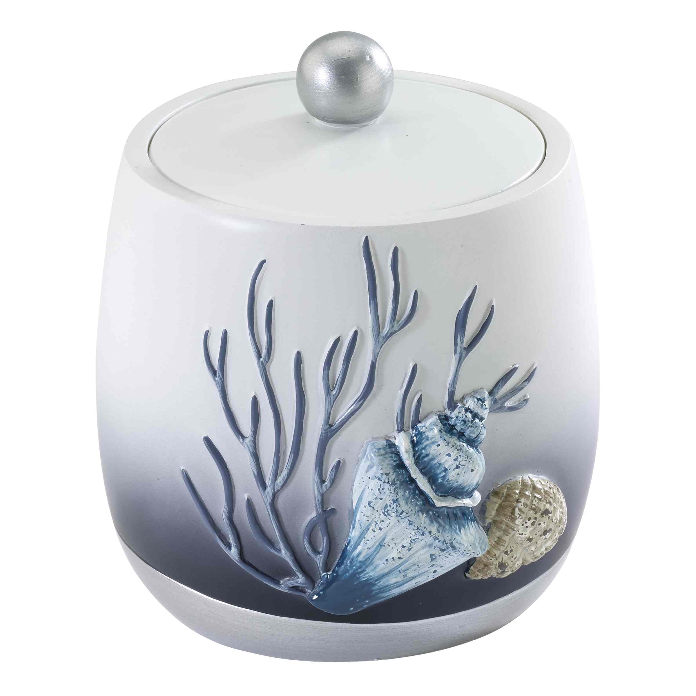 Blue and Beige Resin Coastal Covered Jar with Silver Accents
