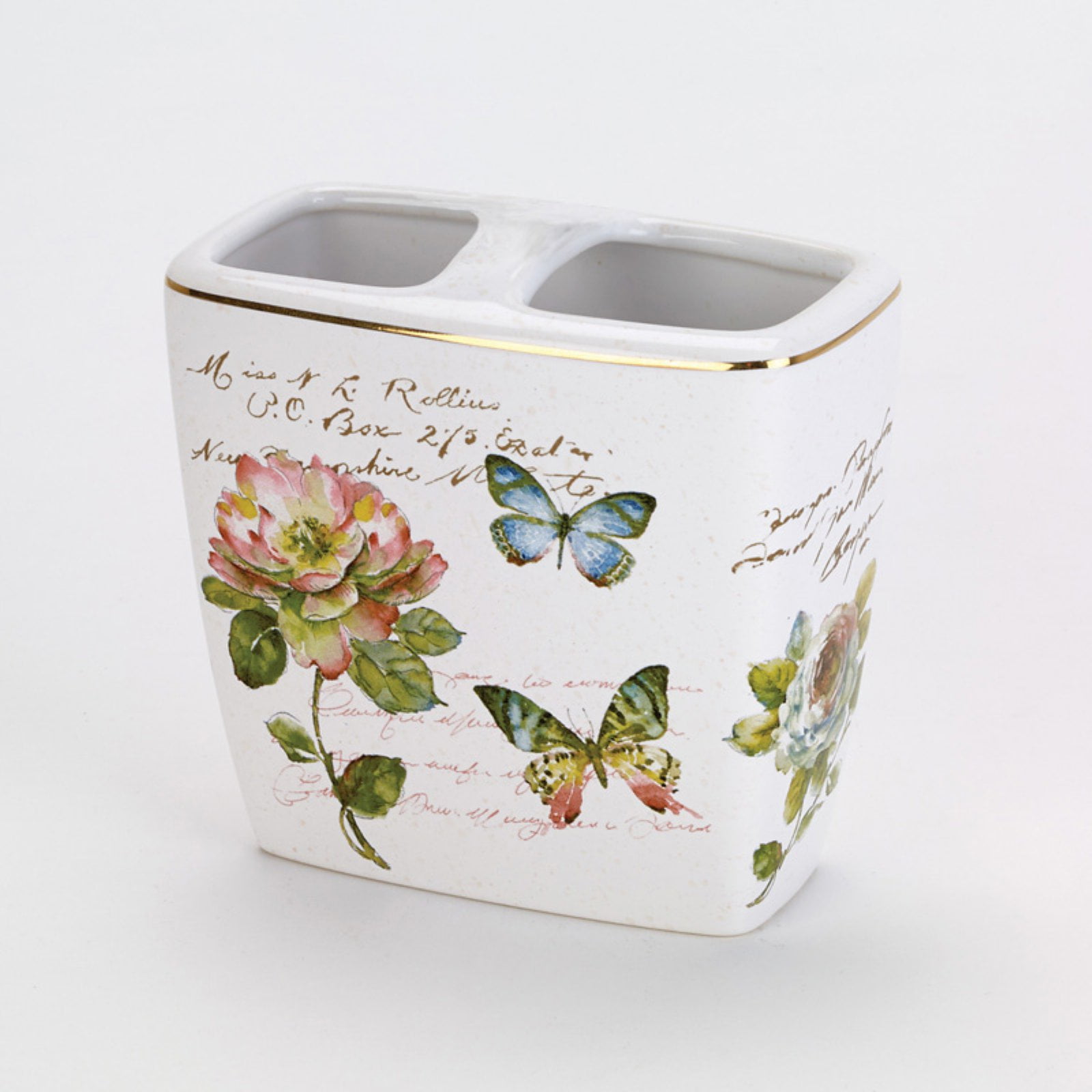 Butterfly Garden Ceramic Toothbrush Holder with Gold Trim