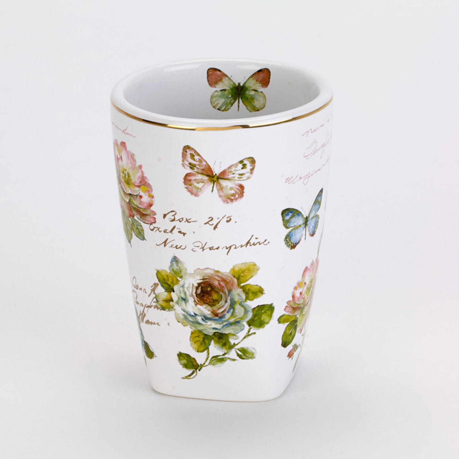 Butterfly Garden Ceramic Tumbler with Floral Design and Gold Trim