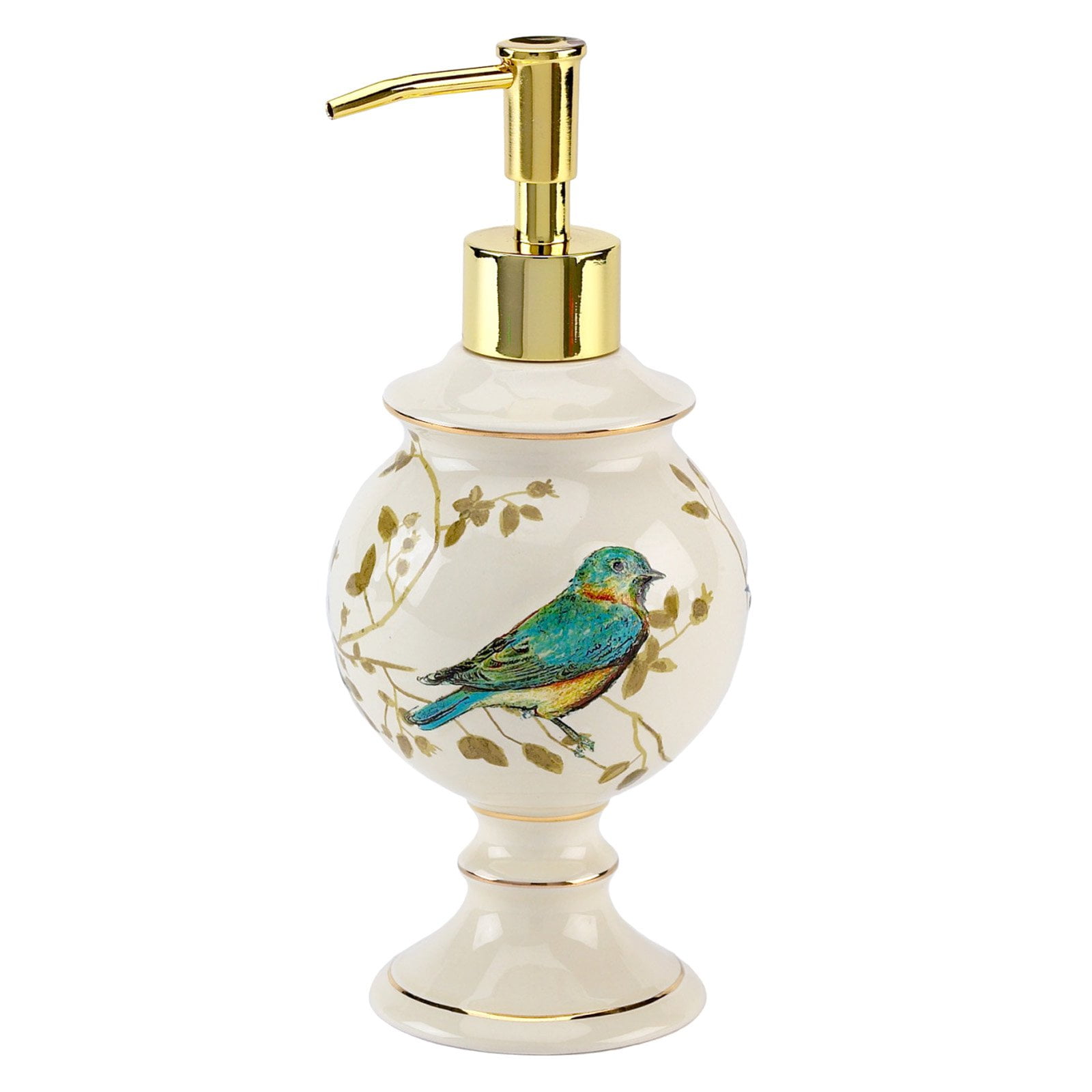 Ivory Ceramic Lotion Pump with Gold Bird Design