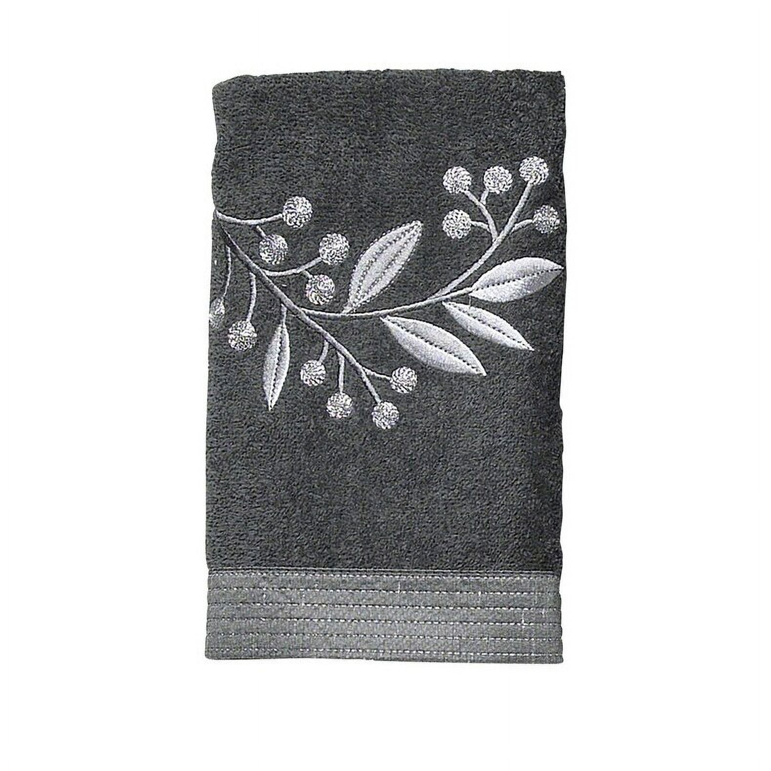 Granite Gray Cotton Hand Towel with Embroidered Leaf Design